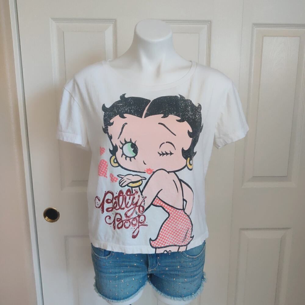 Betty Boop blowing kisses glitter letter crop tee sz L